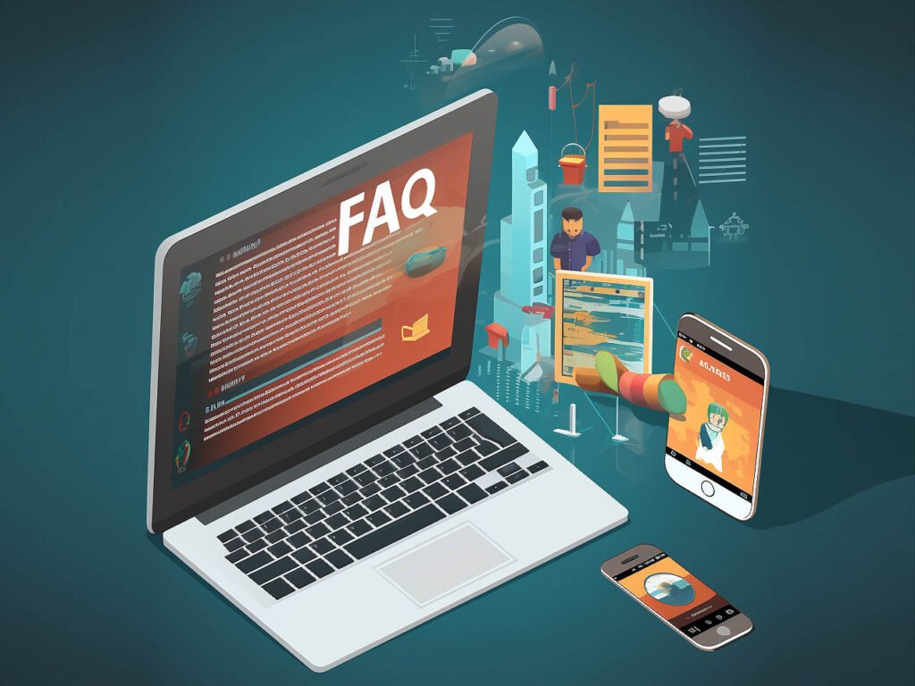 The image depicts a computer screen or a smartphone displaying a webpage with the title "FAQs" prominently featured.