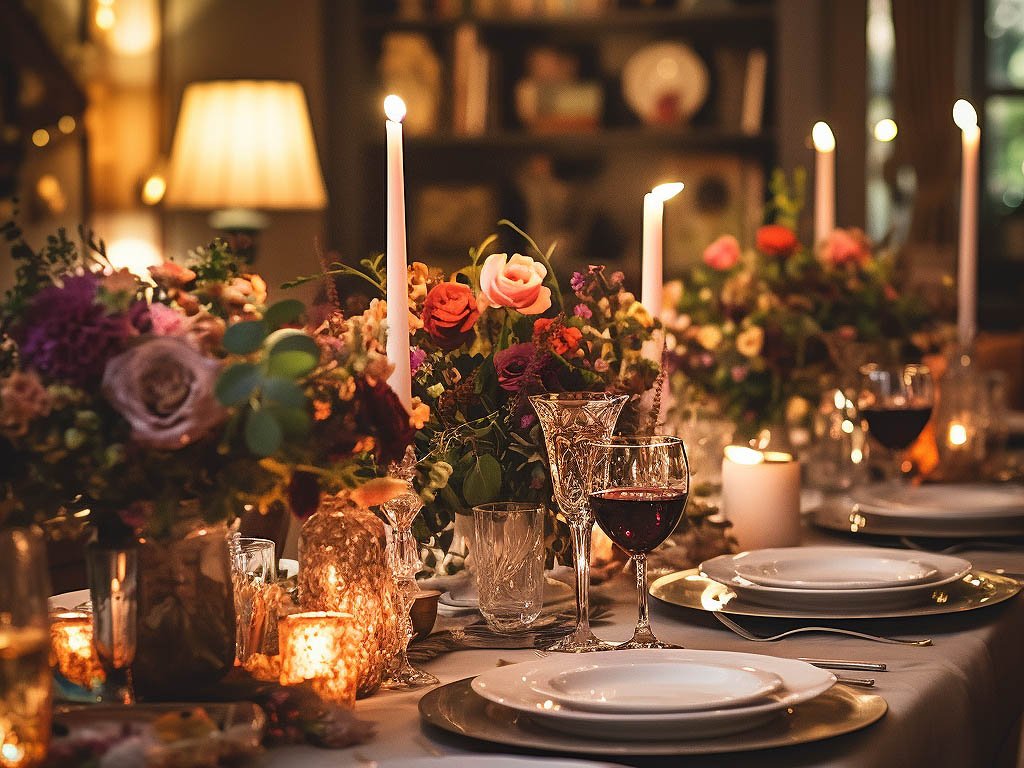 The image depicts a cozy and intimate dinner party setting, with a beautifully set dining table adorned with elegant tableware, candles, and floral arrangements.