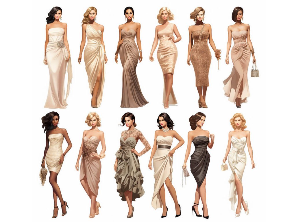 The image depicts a diverse range of settings and events where cocktail dresses can be worn, including cocktail parties, dinner gatherings, evening galas, formal events, weddings, and date nights.