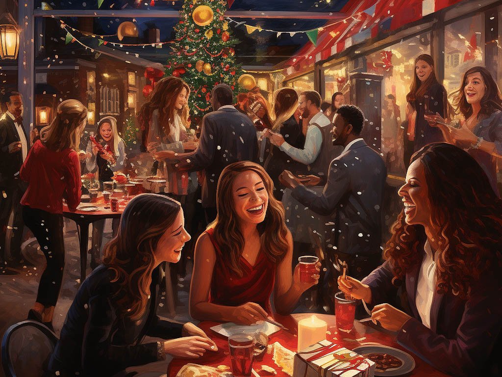 The image depicts a festive holiday party setting with decorations, twinkling lights, and cheerful guests.