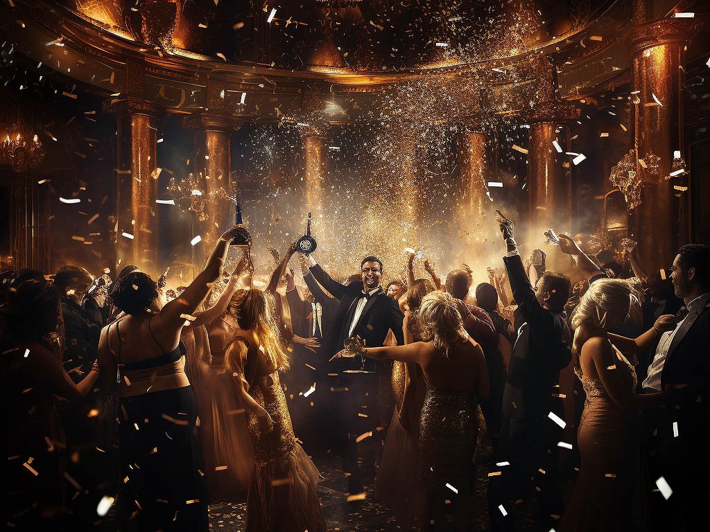 The image depicts a glamorous party scene filled with excitement and energy.