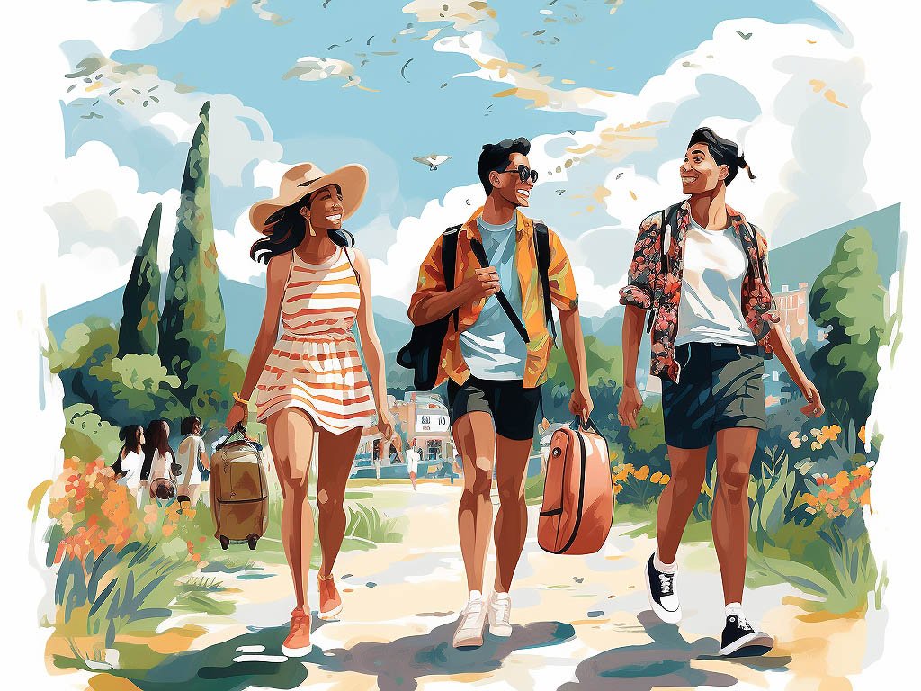 The image depicts a group of friends dressed casually, enjoying outdoor activities such as picnics in the park, strolling along the beach, or exploring a vibrant city.