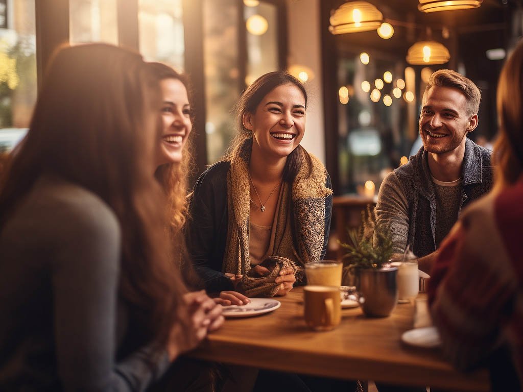 The image depicts a group of friends enjoying a casual meet-up in a cozy café or outdoor setting