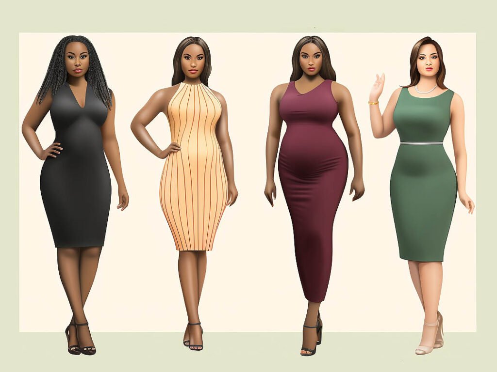 The image depicts a guide showcasing various body shapes and corresponding bodycon dress styles.