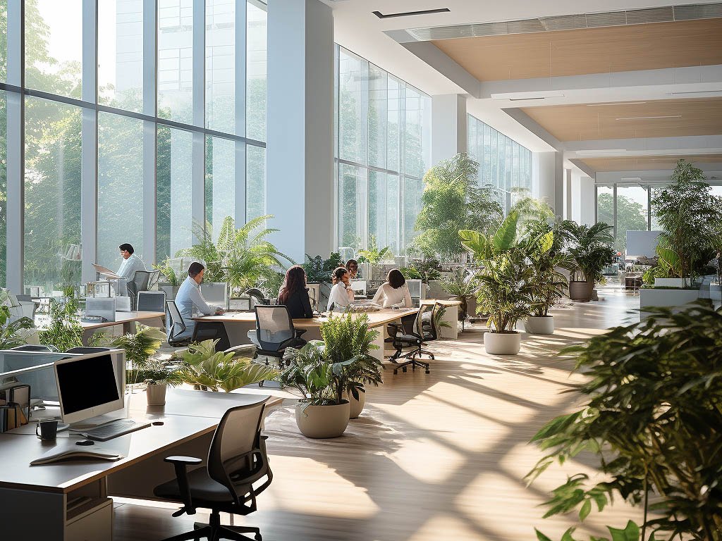 The image depicts a modern and professional workplace environment with bright, spacious offices, ergonomic furniture, and large windows allowing natural light to fill the space.