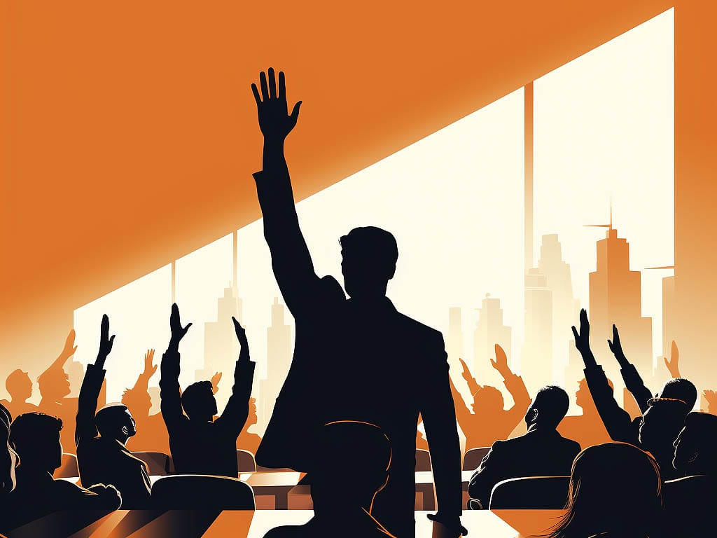 The image depicts a person raising their hand in a self-nomination gesture, indicating a willingness to volunteer or put oneself forward for a task, position, or opportunity.