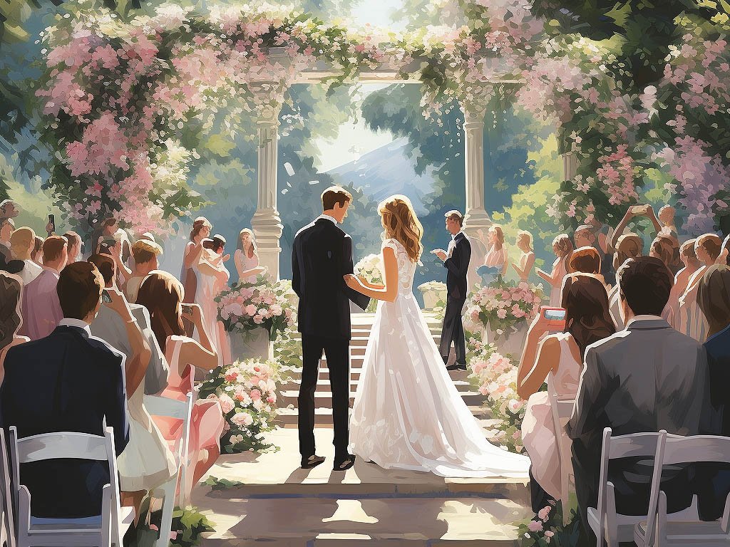 The image depicts a romantic wedding setting, with a beautiful bride and groom exchanging vows in a picturesque outdoor ceremony.