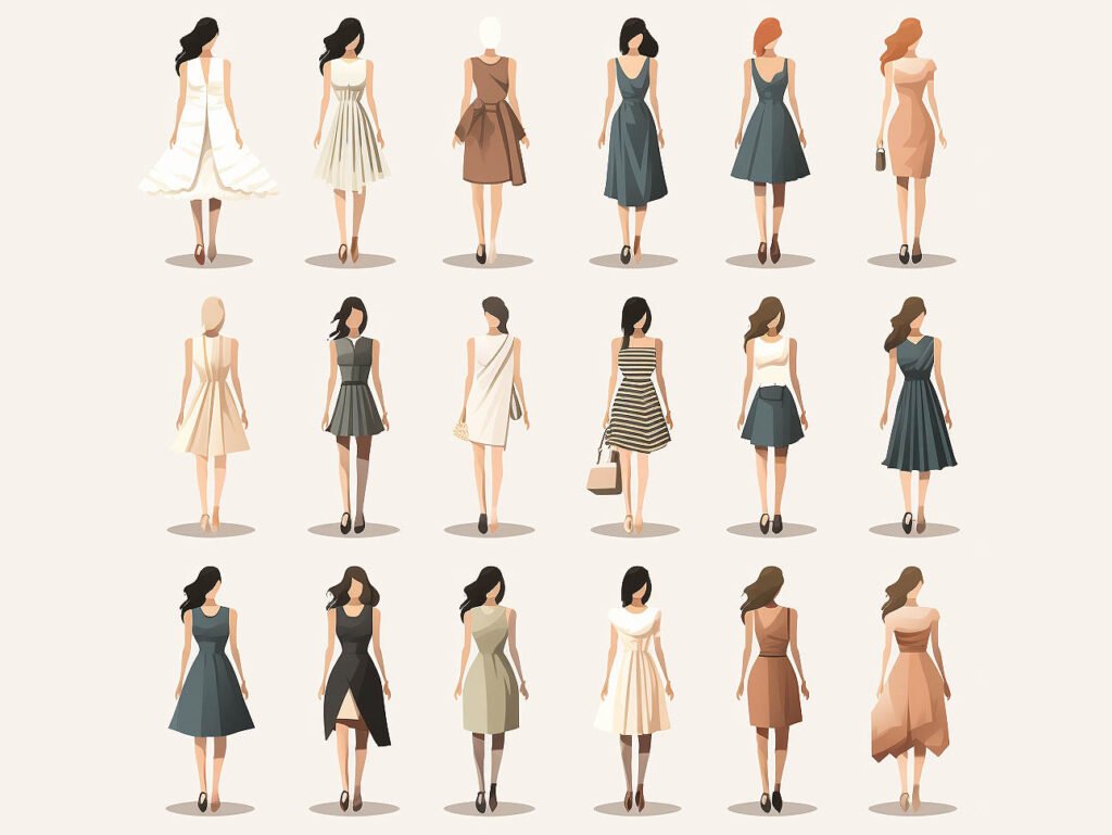 The image depicts a series of common pitfalls associated with choosing or wearing dresses.