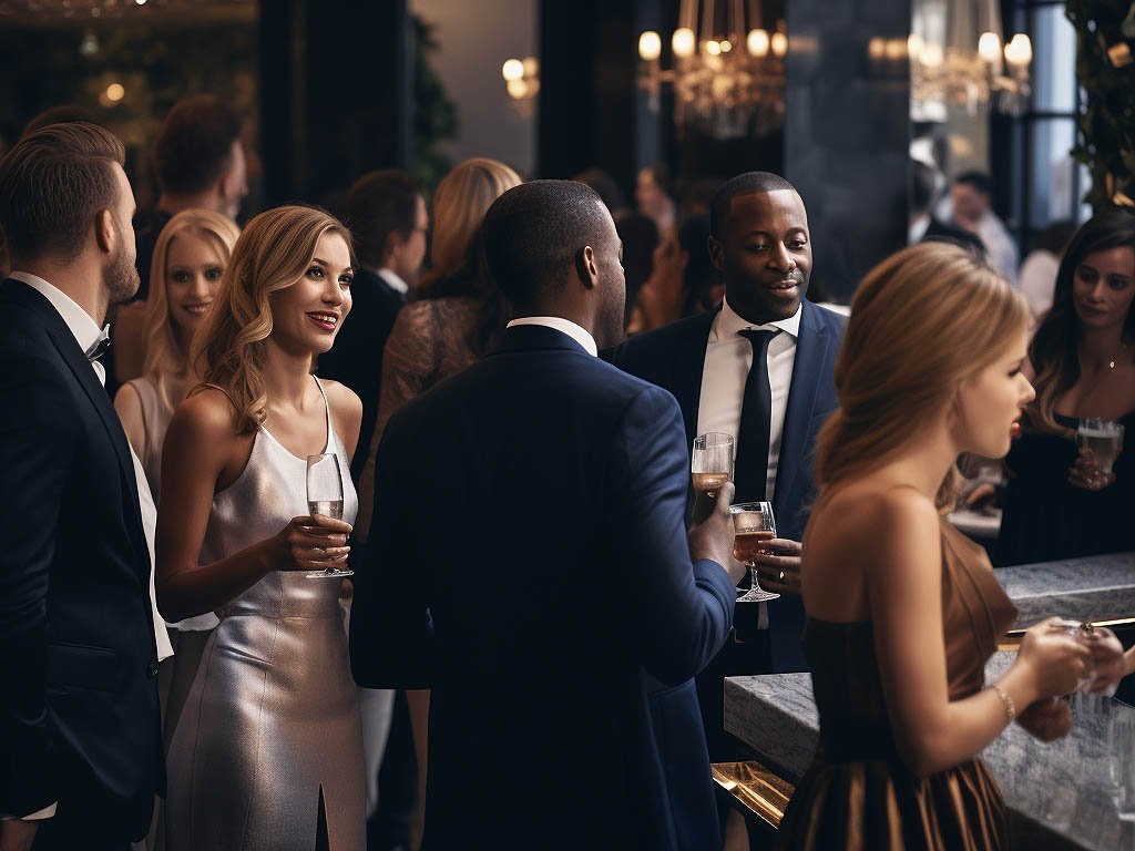 The image depicts a stylish cocktail party scene with guests mingling and enjoying drinks.