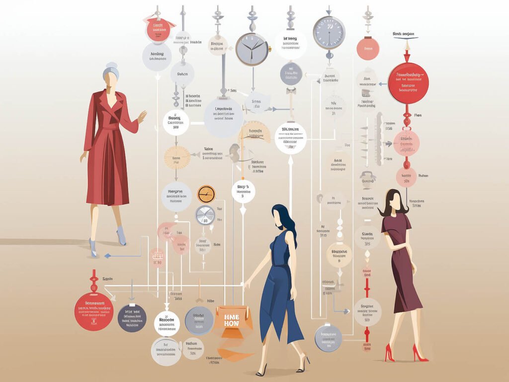 The image depicts a timeline or calendar with marked intervals, indicating the duration estimate for various activities or tasks related to dresses.