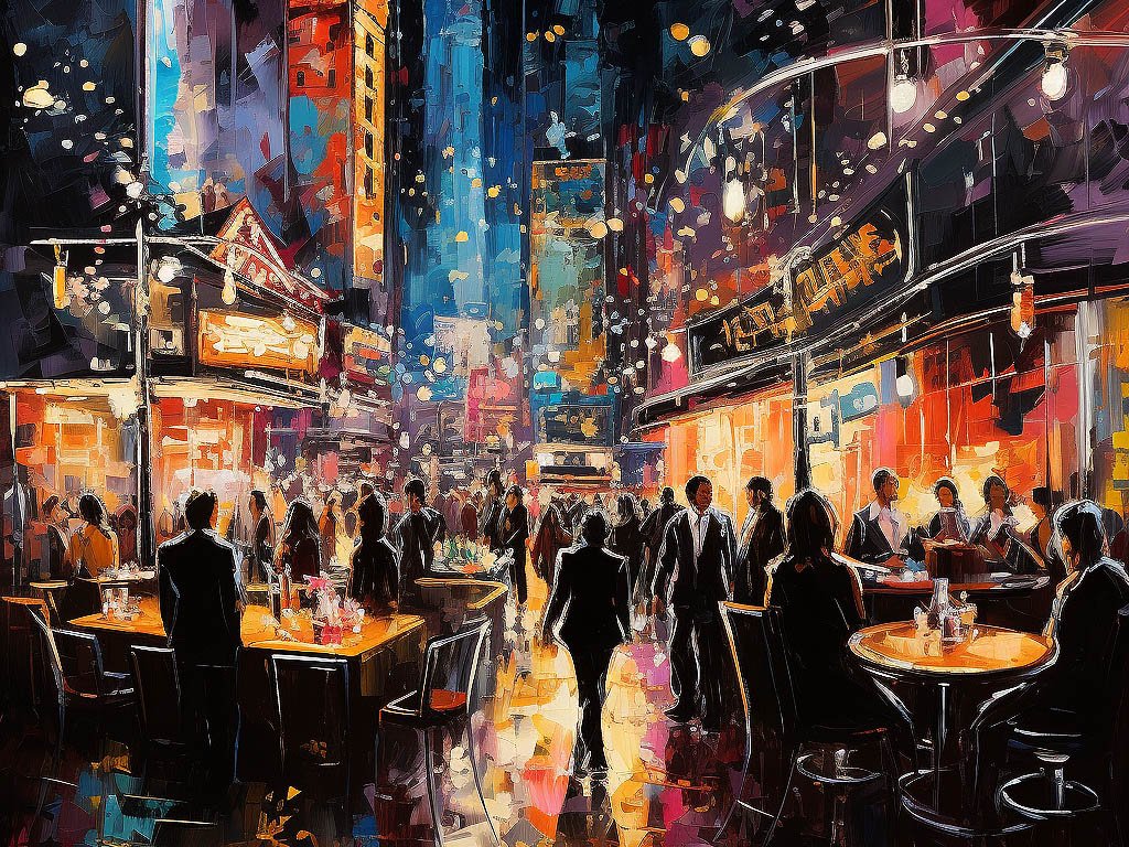 The image depicts a vibrant nightlife scene, with illuminated city lights, bustling streets, and people enjoying themselves at bars, clubs, or restaurants.