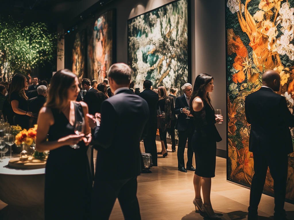 The image depicts an elegant art exhibition or gala event, with attendees dressed in formal attire mingling amidst beautiful artwork displayed on the walls.