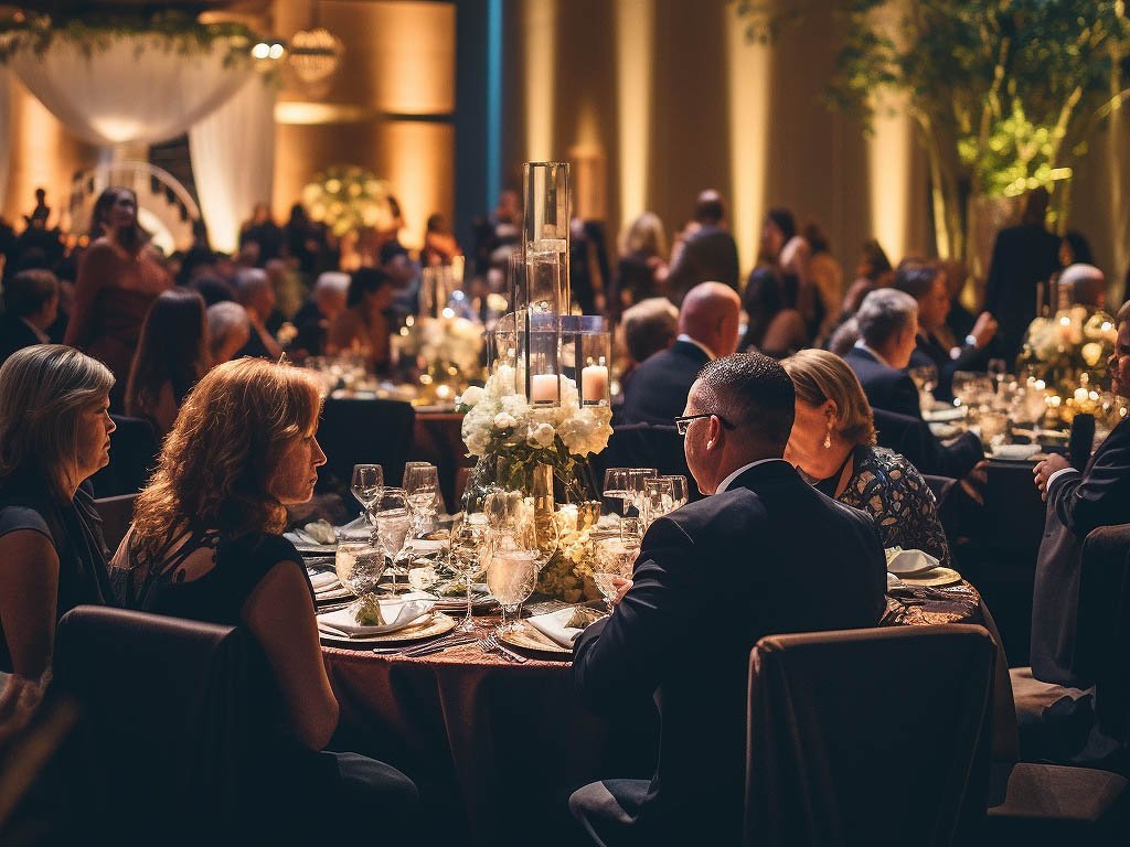 The image depicts an elegant evening event setting, such as a gala, cocktail party, or formal dinner.