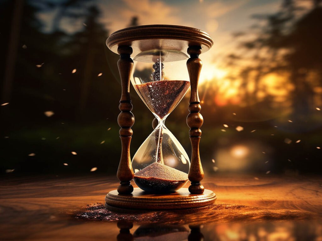 The image features a clock or hourglass symbolizing the concept of time and duration.