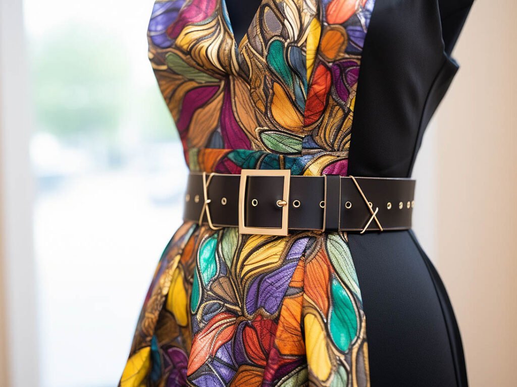 The image features a close-up of a stylish statement belt worn over a dress.