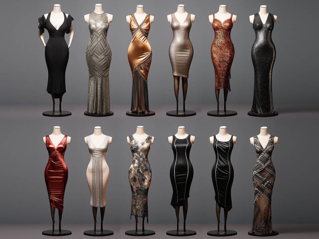 The image features a collage of popular club dresses in various styles, colors, and designs.