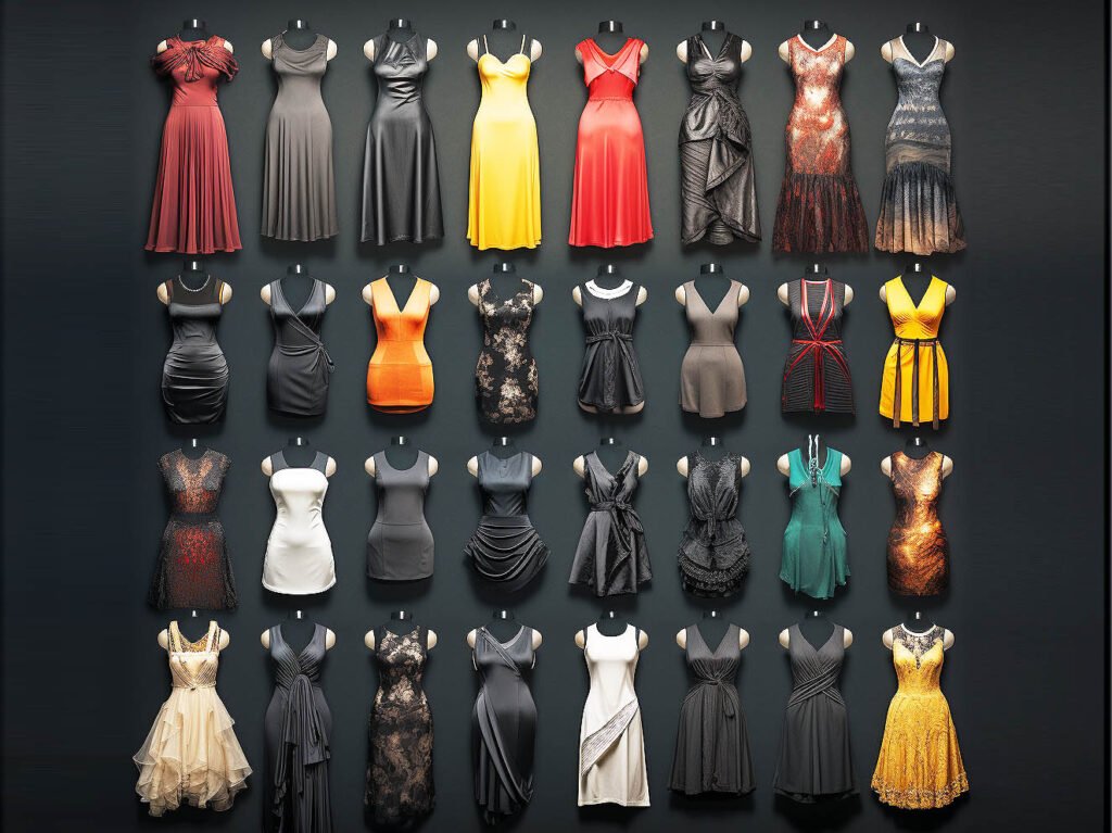 The image features a collage of popular dress styles, including bodycon dresses, maxi dresses, wrap dresses, A-line dresses, and off-shoulder dresses.