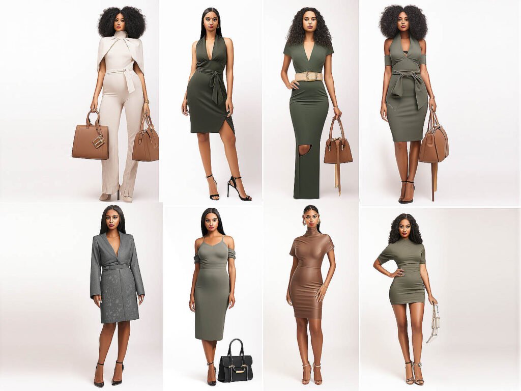 The image features a collage showcasing various fashion tips for styling bodycon dresses. It includes pictures demonstrating different styling techniques, such as layering with jackets or cardigans, accessorizing with belts or statement jewelry, pairing with different types of shoes like heels or sneakers, and experimenting with hairstyles and makeup looks to complement the outfit.
