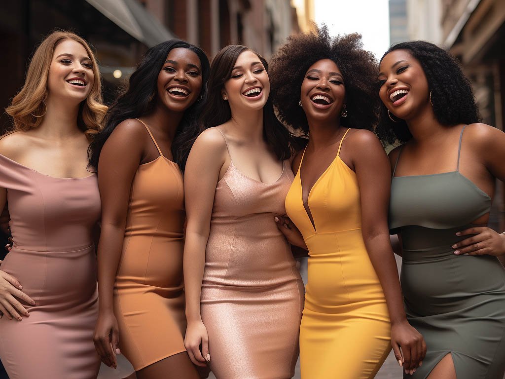 The image features a diverse group of women confidently wearing bodycon dresses in various styles and colors.