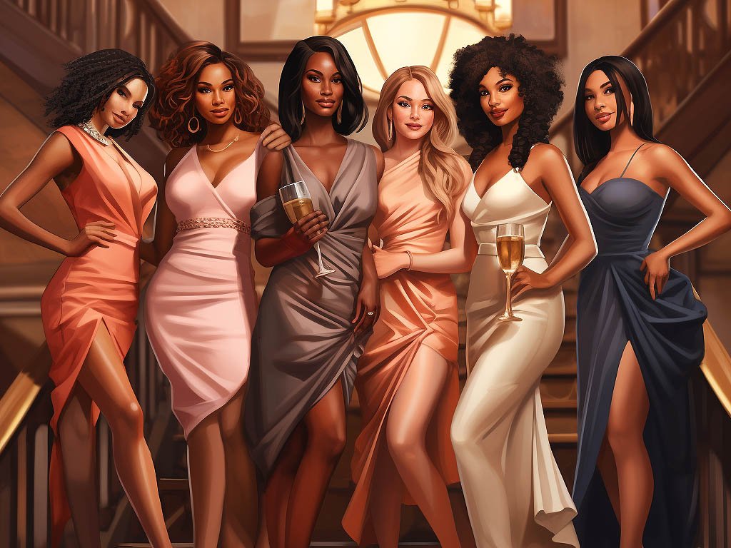 The image features a diverse group of women, each representing a different body type, standing confidently in stylish club dresses.