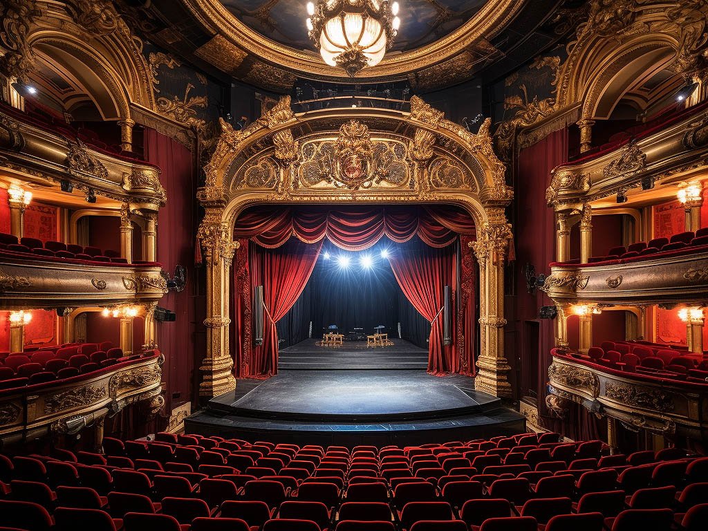 The image features a grand theater or opera house, with ornate architecture, plush seating, and elaborate stage curtains.