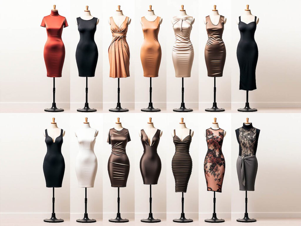 The image features a grid of popular bodycon dress designs, showcasing a variety of styles, colors, and patterns.