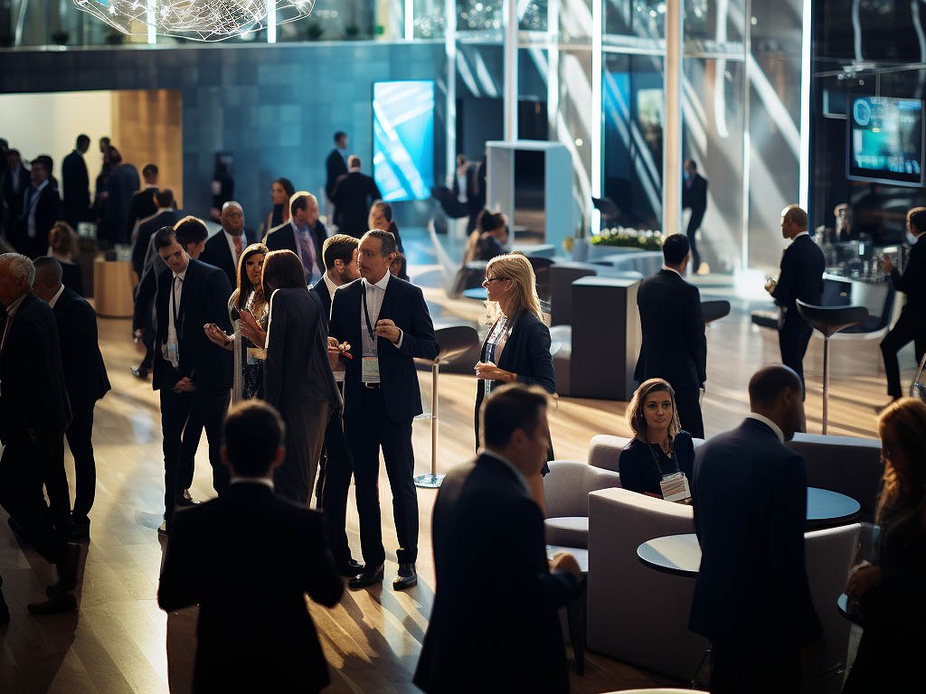 The image features a professional corporate event setup, with attendees dressed in formal attire mingling and networking in a sophisticated venue.