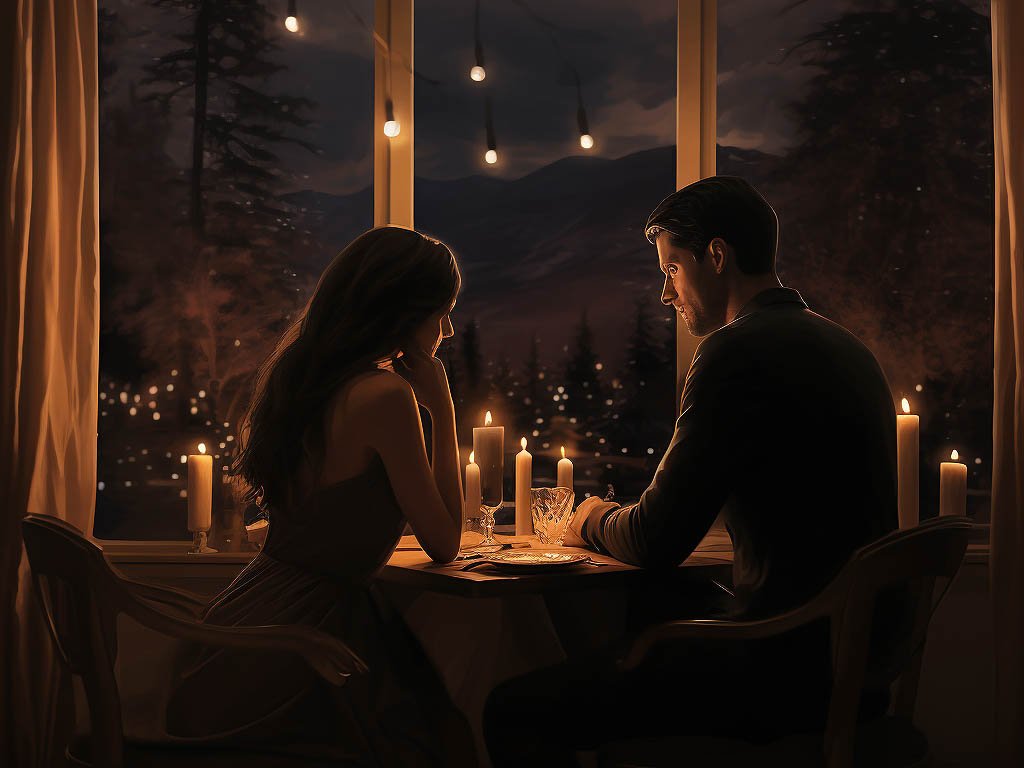 The image features a romantic date night setting with a dimly lit ambiance, candlelit tables, and soft background music.