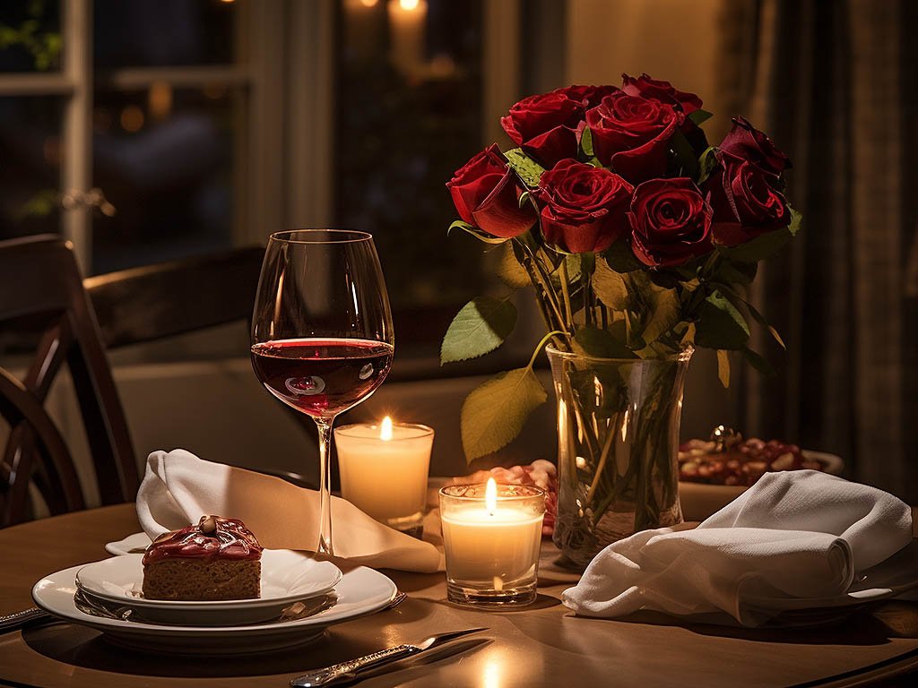 The image features a romantic setting ideal for a date night, with dim lighting, candles, and soft décor elements.