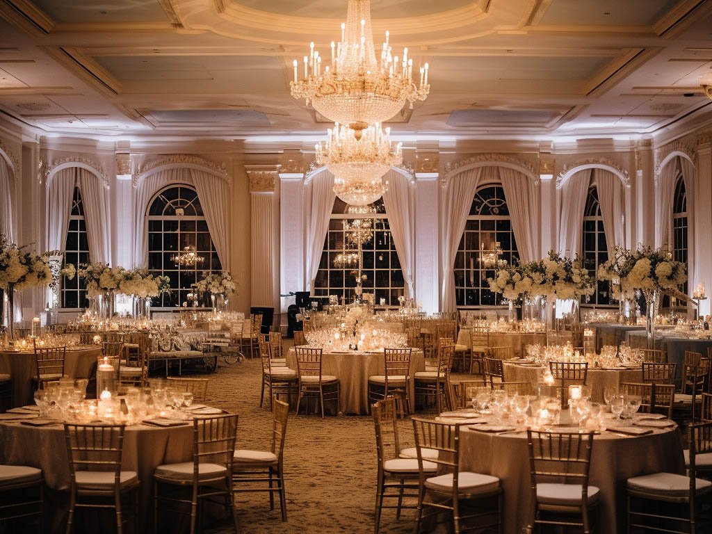 The image features an elegant ballroom adorned with sparkling chandeliers, opulent decor, and luxurious furnishings.
