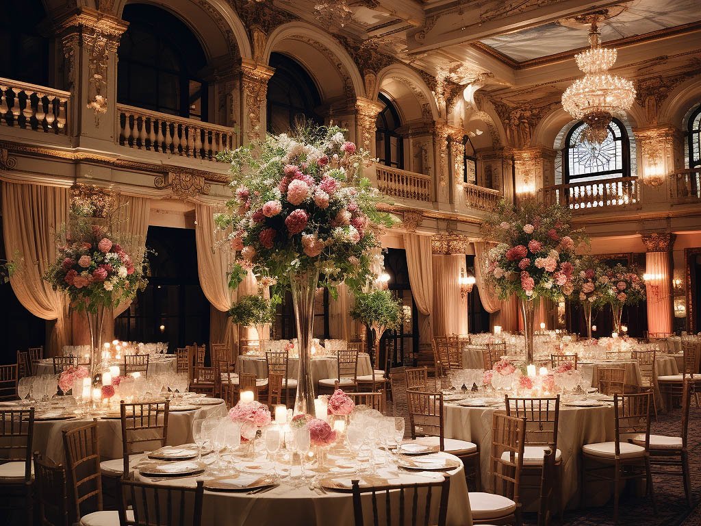 The image features an elegant setting suitable for formal occasions. A grand ballroom with high ceilings and ornate chandeliers sets the stage for a sophisticated event.