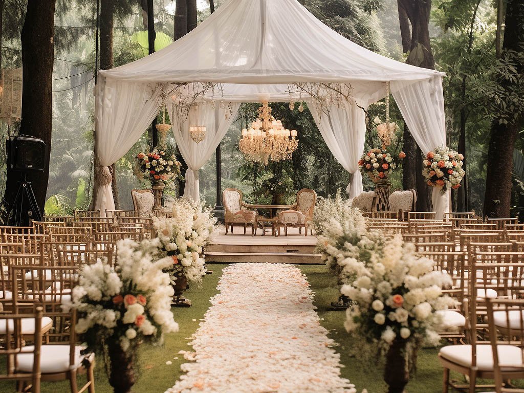 The image showcases a picturesque outdoor wedding ceremony set against a backdrop of lush greenery, blooming flowers, and towering trees.