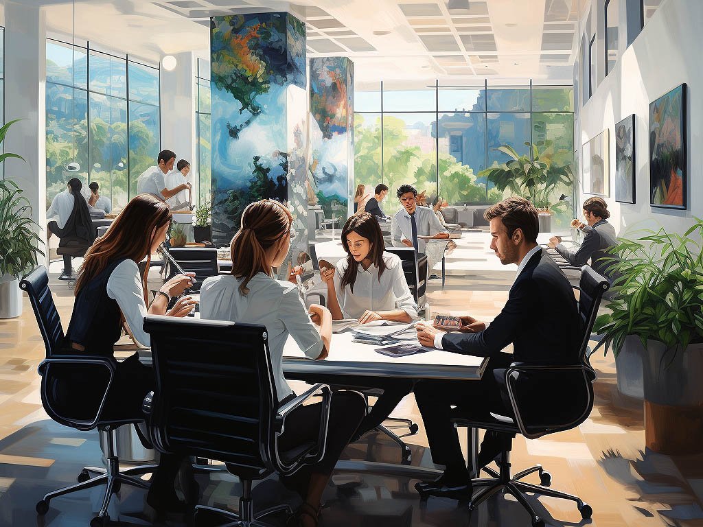 The image showcases a professional workplace environment, featuring individuals dressed in smart and formal attire.