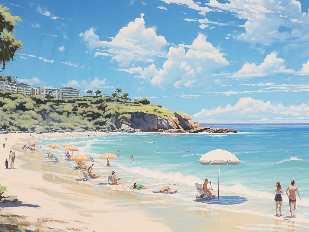 The image showcases a serene beach scene with golden sands, azure waters, and clear blue skies.