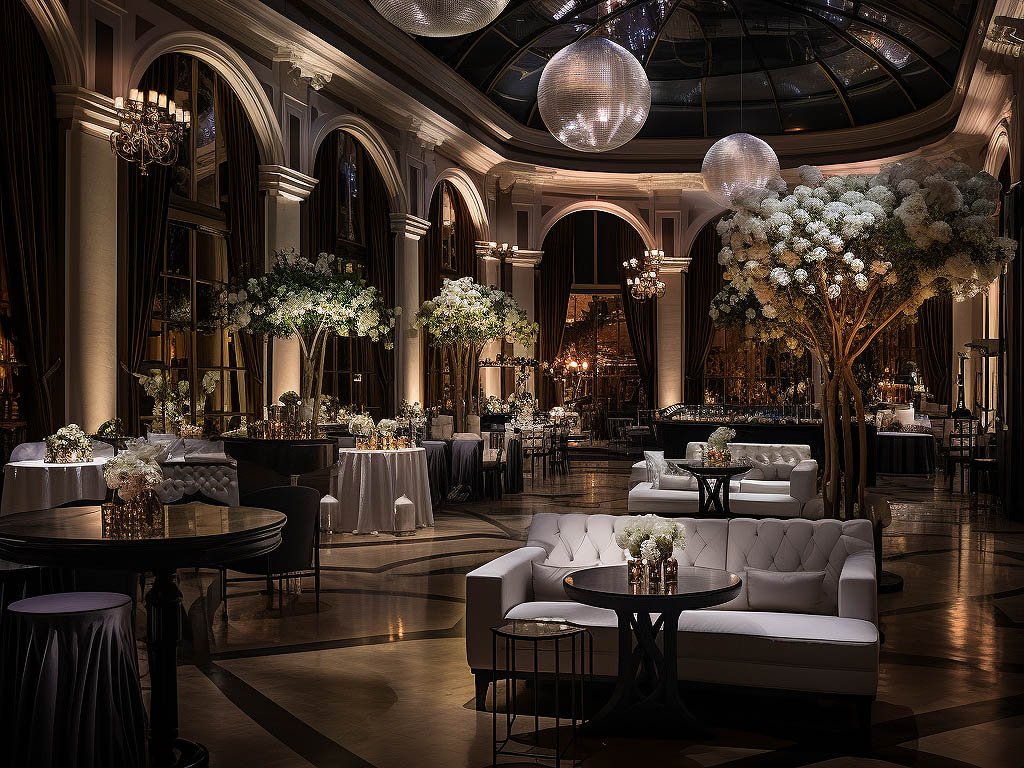 The image showcases a sophisticated cocktail party setting with an upscale ambiance.