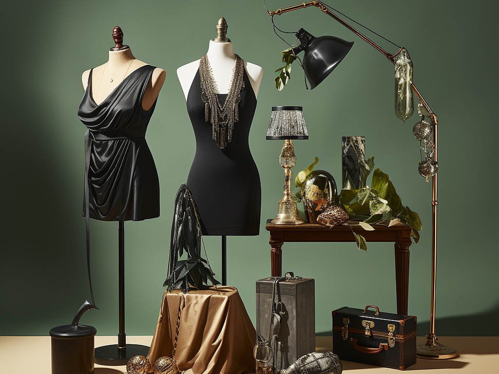 The image showcases various accessories that can elevate a club dress, arranged neatly on a display table.