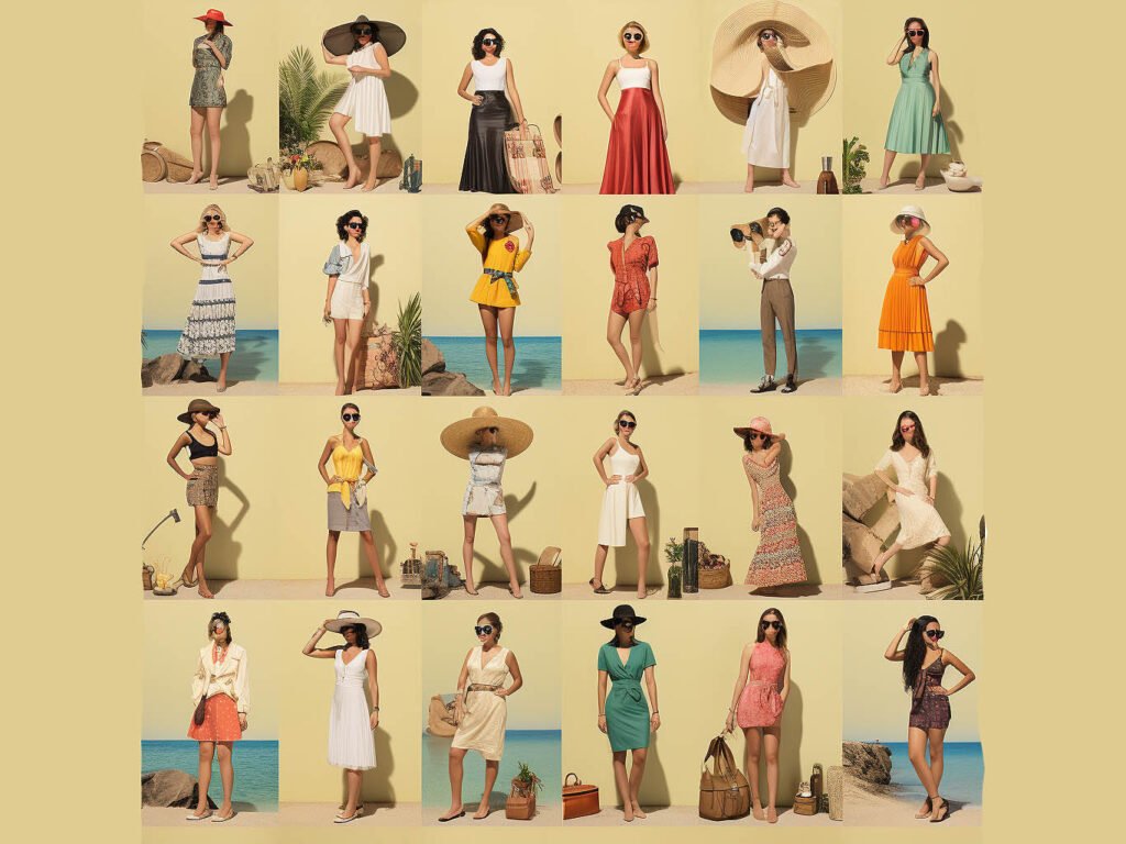 The image showcases various scenes representing different occasions where dresses can be worn.