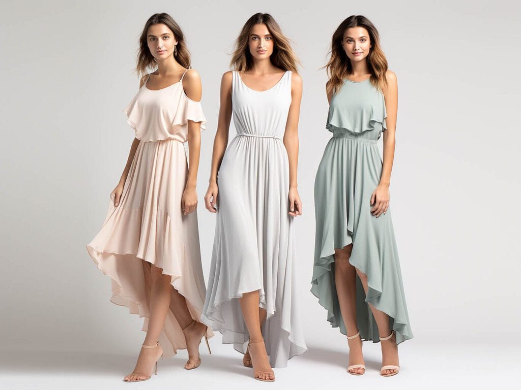 The image showcases various styles of casual dresses suitable for different occasions.