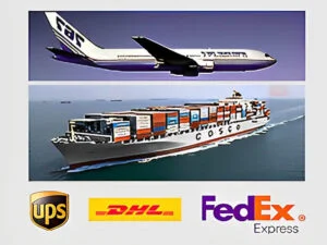 An image showcasing different shipping options, including air freight providers like DHL, FedEx, and UPS, as well as sea freight operations. The image emphasizes the variety of shipping methods available to meet different budget and delivery requirements