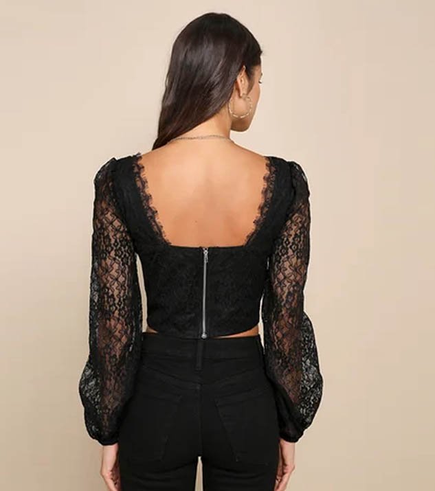 Exceptionally Sultry Black Sheer Lace Bustier Long Sleeve Top