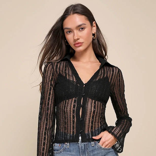 Alluring Effect Black Sheer Lace Collared Button-Up Top