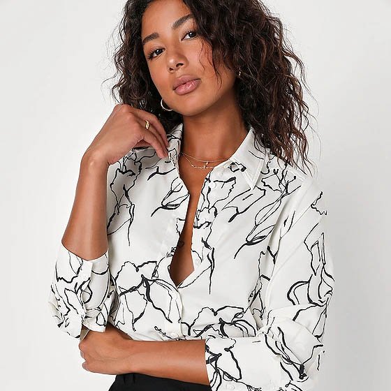 Artistically Chic Ivory and Black Abstract Print Button-Up Top