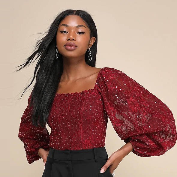 Charming Sophistication Burgundy Lace Sequin Long Sleeve Top