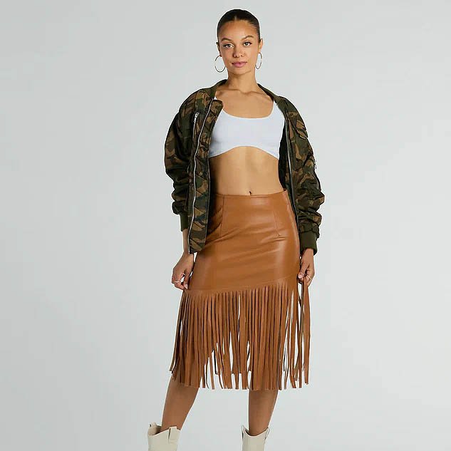 Country Songs Fringe Faux Leather Midi Skirt