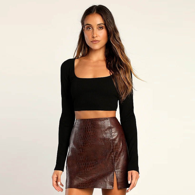 Croc 'n' Roll Chocolate Brown Vegan Leather Mini Skirt