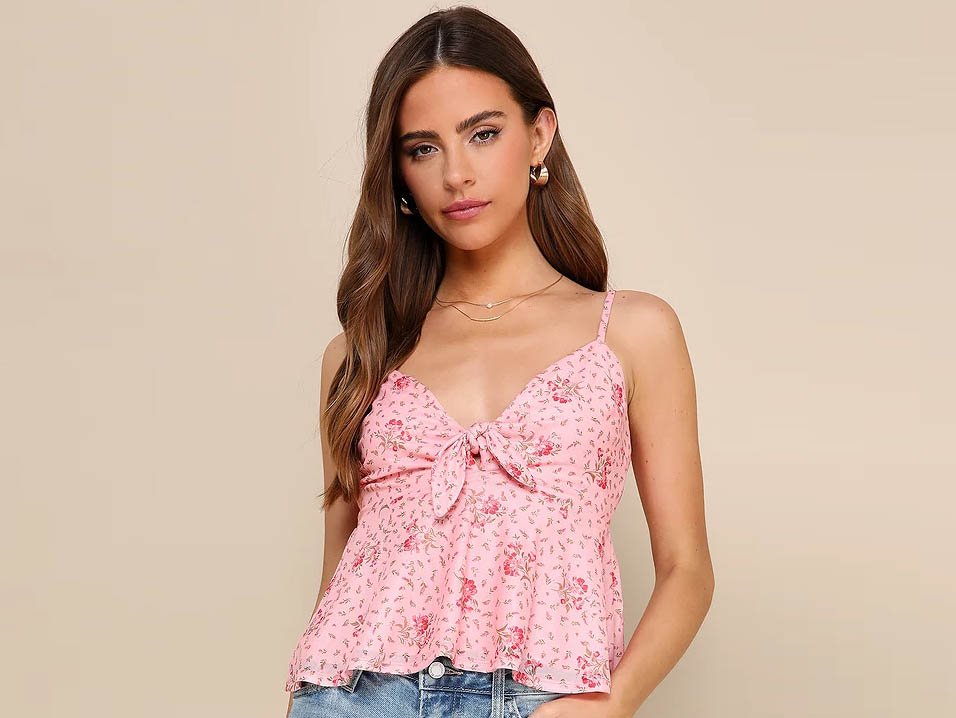 Cute Instincts Pink Floral Mesh Tie-Front Peplum Cami Top