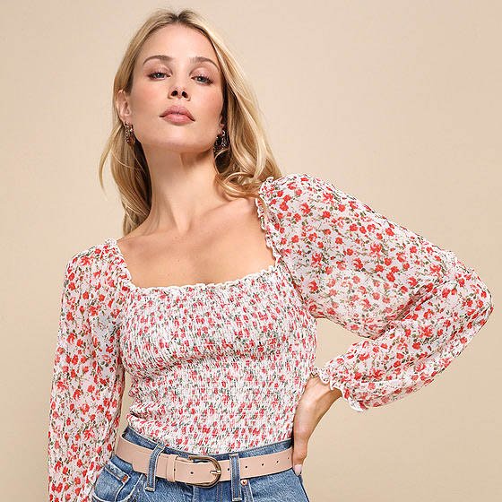 Cutest Blossom Ivory Floral Mesh Smocked Long Sleeve Top