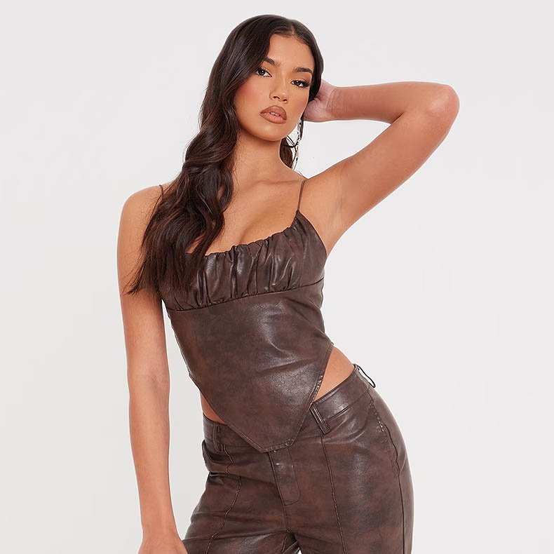 Dark Chocolate Washed Faux Leather Ruched Bust Curve Hem Top