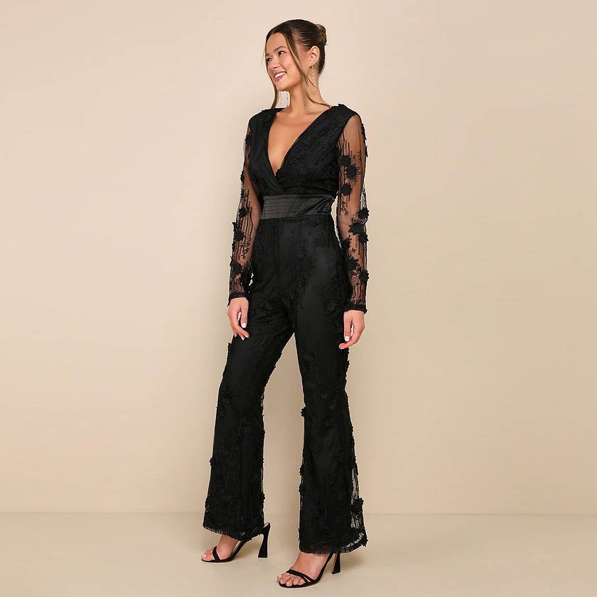 Elevated Allure Black 3D Floral Embroidered Long Sleeve Jumpsuit