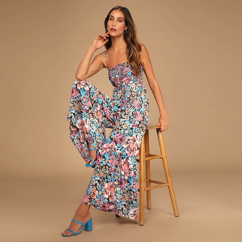 Escape to the Islands Multi Floral Smocked Sleeveless Jumpsuit